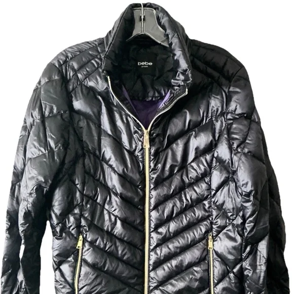 Black Puffer Jacket Full Zip W Hidden Hood Sz Lg - Picture 1 of 6